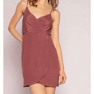 Lavender Brown wrap silk mini dress in mulberry